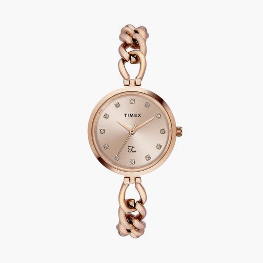 Timex TWEL23803 Fria Analog Watch for Women – Rose Gold Metal Band, Round Dial, Quartz Movement