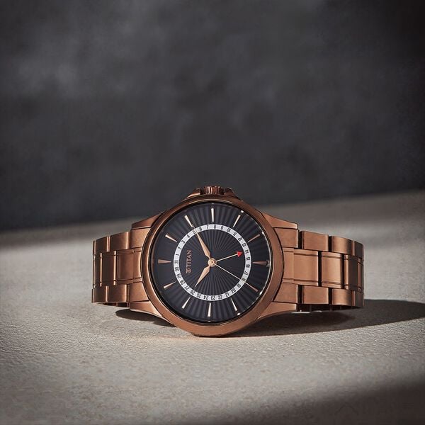 Titan 10038QM01 Men’s Analog Quartz Watch — Black Dial with Brown Stainless Steel Strap