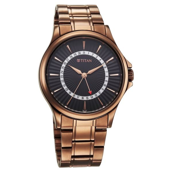 Titan 10038QM01 Men’s Analog Quartz Watch — Black Dial with Brown Stainless Steel Strap