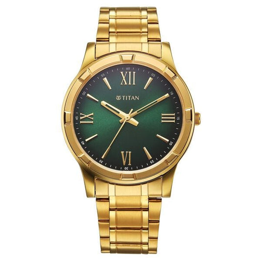 Titan Karishma Festive 3.0 10058YM04 Quartz Analog Green Dial Golden Stainless Steel Strap Men’s Watch