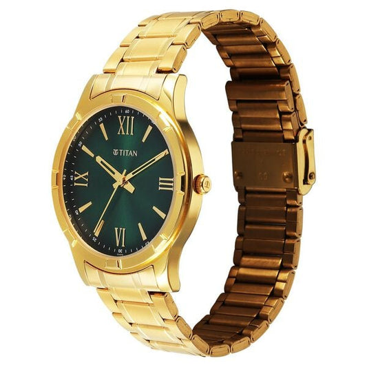 Titan Karishma Festive 3.0 10058YM04 Quartz Analog Green Dial Golden Stainless Steel Strap Men’s Watch