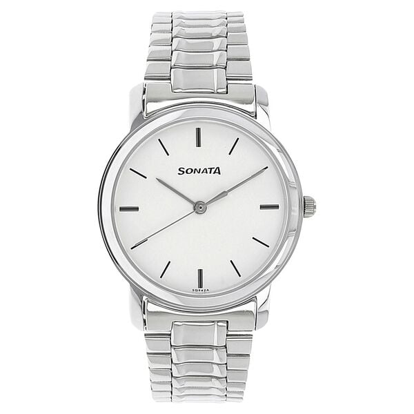 Sonata 1013SM01 Quartz Analog White Dial Stainless Steel Strap Watch for Men – White/Silver