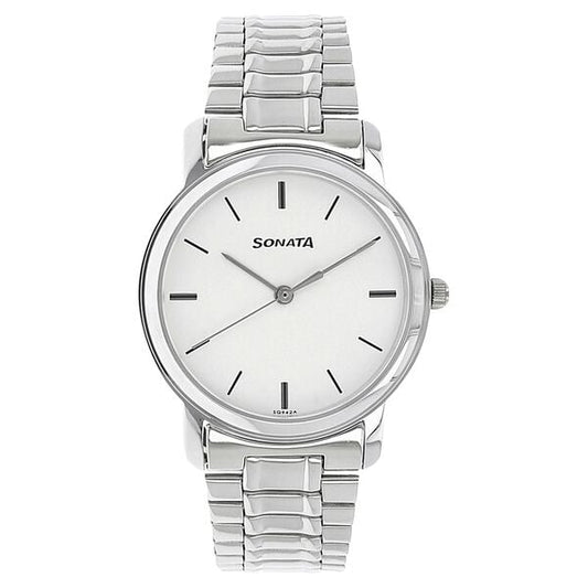 Sonata 1013SM01 Quartz Analog White Dial Stainless Steel Strap Watch for Men – White/Silver