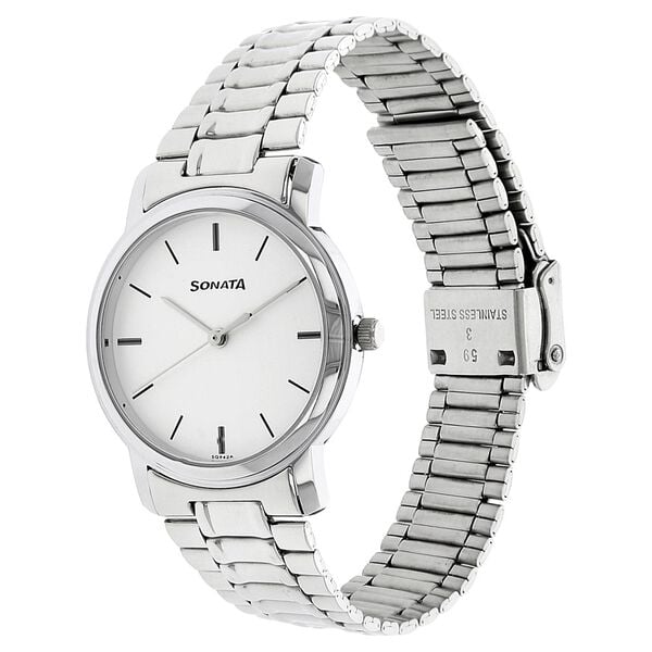 Sonata 1013SM01 Quartz Analog White Dial Stainless Steel Strap Watch for Men – White/Silver
