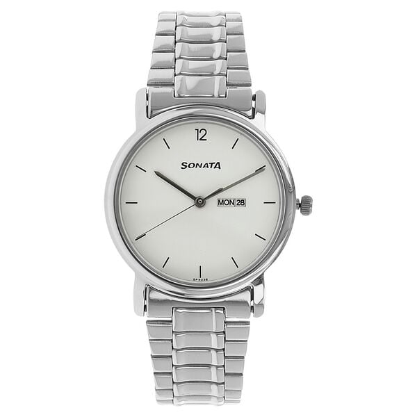 Sonata 1013SM06 Quartz Analog White Dial Stainless Steel Strap Watch for Men – White/Silver