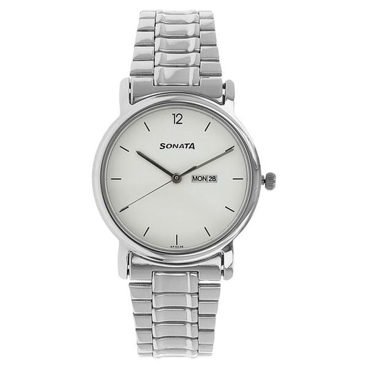 Sonata 1013SM06 Quartz Analog White Dial Stainless Steel Strap Watch for Men – White/Silver