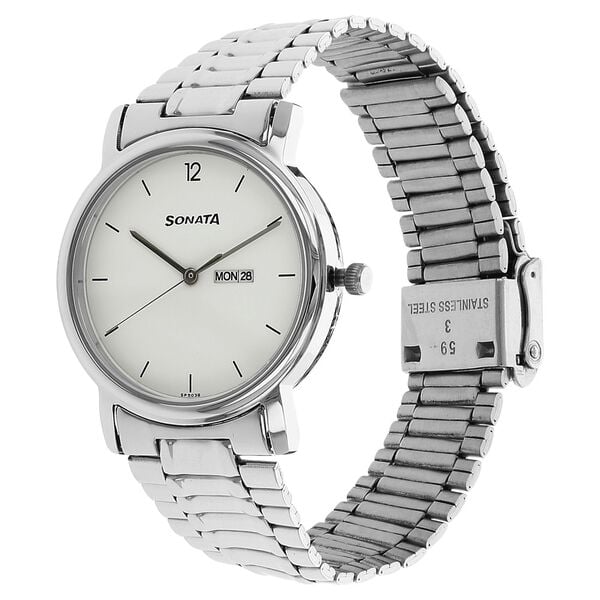 Sonata 1013SM06 Quartz Analog White Dial Stainless Steel Strap Watch for Men – White/Silver