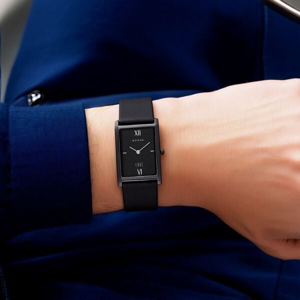 Titan 1043NL01 Men’s Black Rectangle Analog Watch with Leather Strap