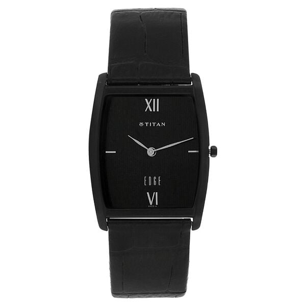 Titan 1044NL01 Men’s Black Dial Black Leather Strap Quartz Analog Watch – Tonneau Stainless Steel Case, Sapphire Crystal, Buckle Closure, Water‑Resistant