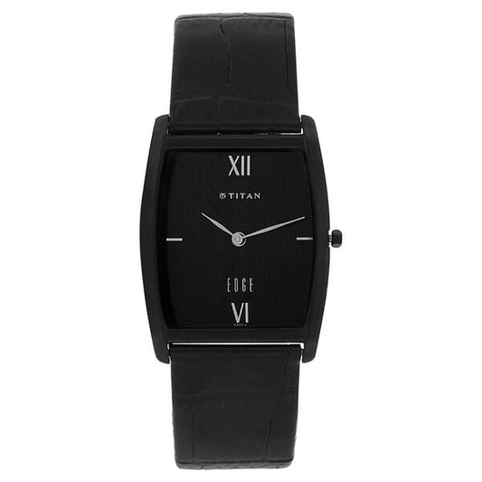 Titan 1044NL01 Men’s Black Dial Black Leather Strap Quartz Analog Watch – Tonneau Stainless Steel Case, Sapphire Crystal, Buckle Closure, Water‑Resistant
