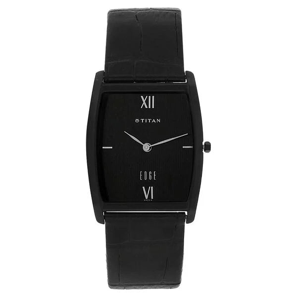 Titan 1044NL01 Men’s Black-Dial Rectangle Analog Watch with Black Leather Strap