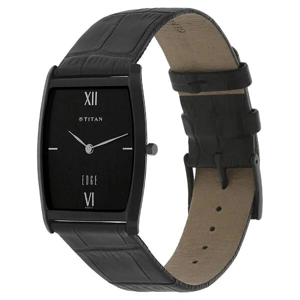 Titan 1044NL01 Men’s Black-Dial Rectangle Analog Watch with Black Leather Strap