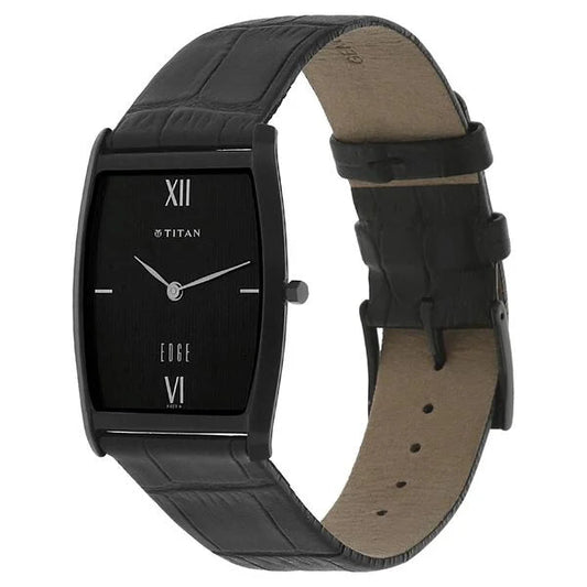 Titan 1044NL01 Men’s Black-Dial Rectangle Analog Watch with Black Leather Strap