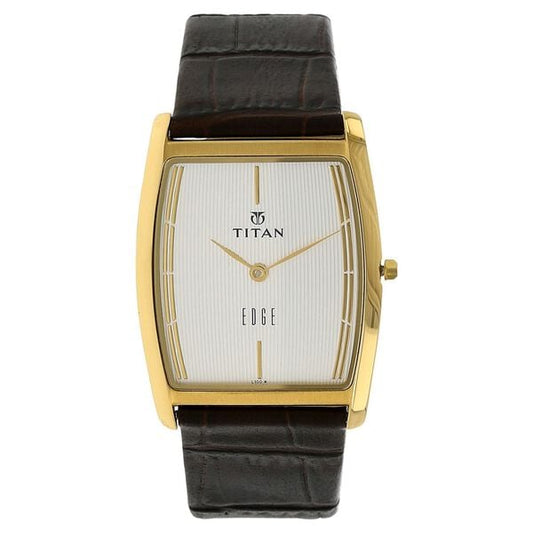 Titan 1044YL06 Edge Analog Watch for Men – White Dial Analog Watch for Men, Black Leather Strap, Quartz Movement, Sapphire Glass, Tonneau Metal Case