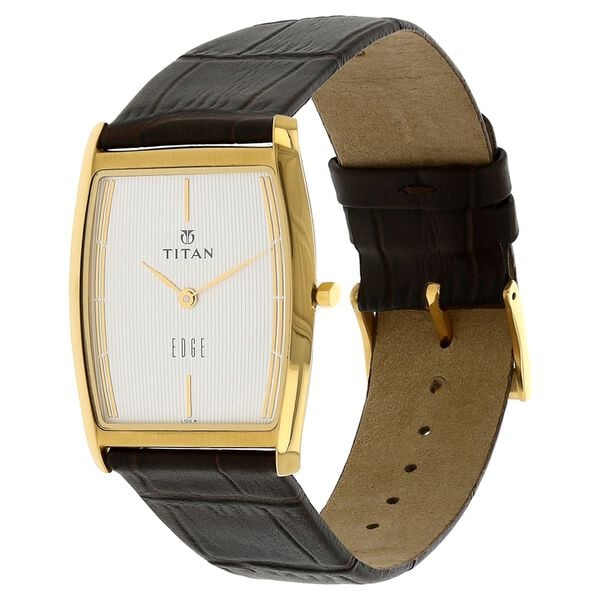 Titan 1044YL06 Edge Analog Watch for Men – White Dial Analog Watch for Men, Black Leather Strap, Quartz Movement, Sapphire Glass, Tonneau Metal Case