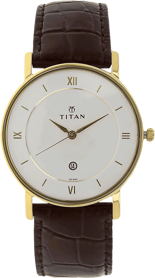 Titan 9162YL01 Men’s White Dial Brown Leather Strap Quartz Analog Watch – Round Metal Case, Date Display, Mineral Glass