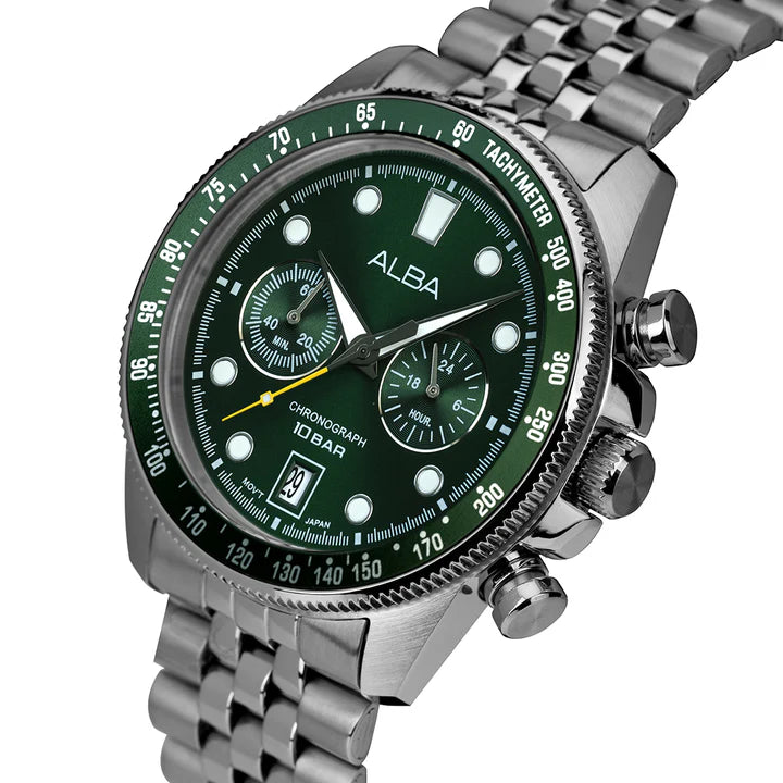 Alba A4B029X1 Men's Quartz Chronograph Watch Deep Green Dial Silver Stainless Steel Bracelet