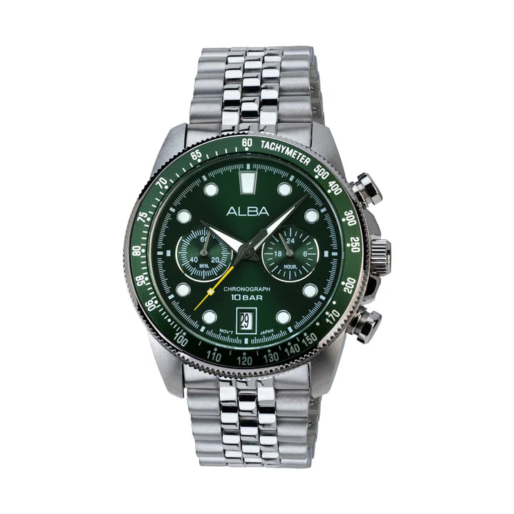 Alba A4B029X1 Men's Quartz Chronograph Watch Deep Green Dial Silver Stainless Steel Bracelet