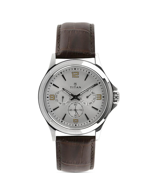 Titan 1698SL01 Men’s Quartz Multifunction Watch with Silver Dial & Brown Genuine Leather Strap