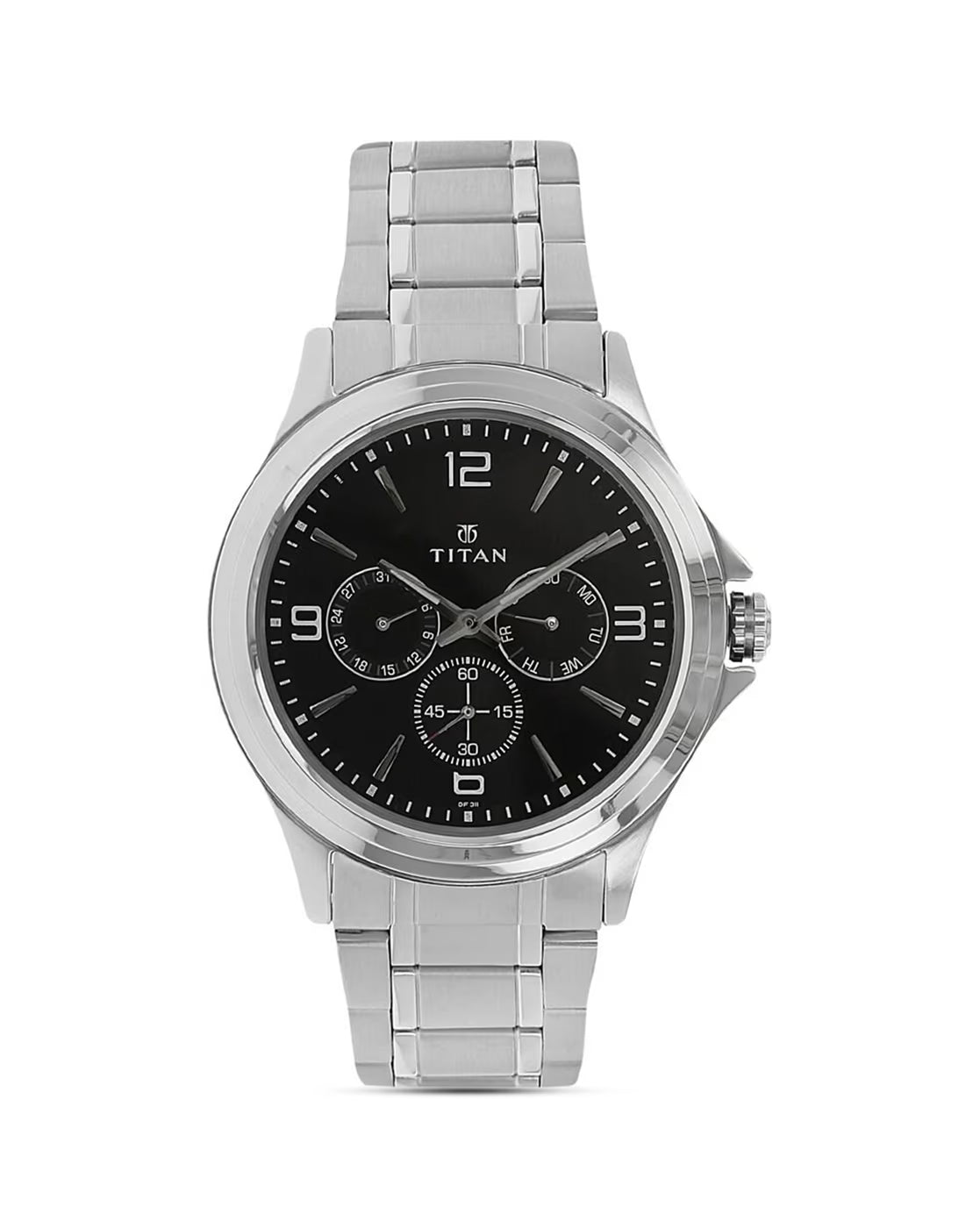 Titan 1698SM01 Men’s Quartz Multifunction Watch with Black Dial & Silver Stainless-Steel Strap