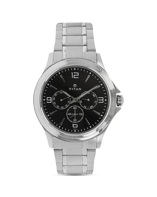 Titan 1698SM01 Men’s Quartz Multifunction Watch with Black Dial & Silver Stainless-Steel Strap
