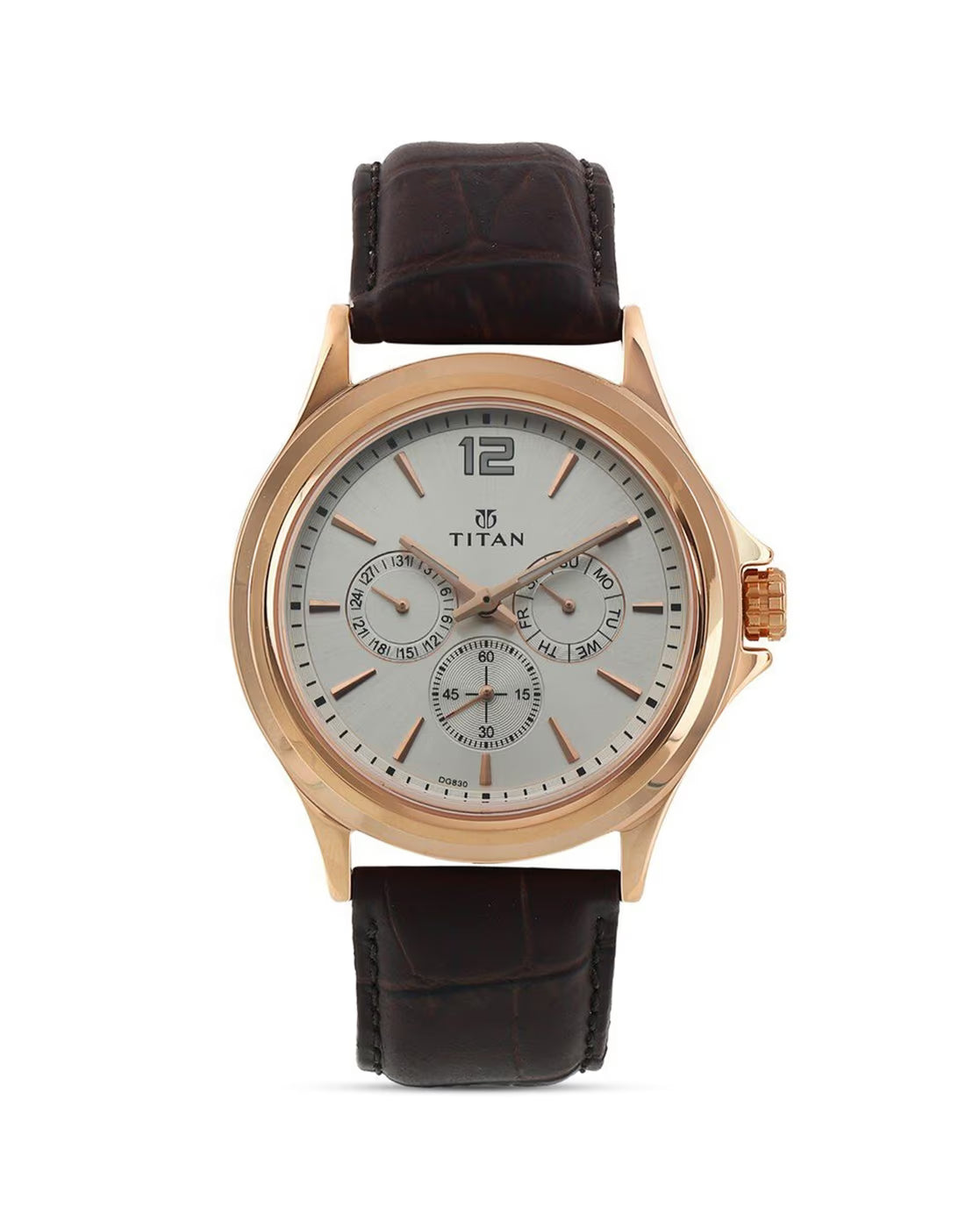 Titan 1698WL01 Men’s Quartz Multifunction Analog Watch with White Dial & Brown Leather Strap