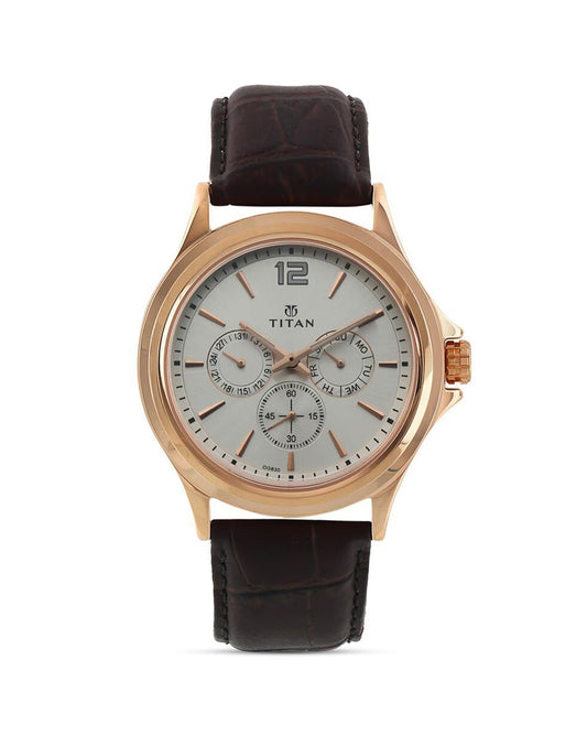 Titan 1698WL01 Men’s Quartz Multifunction Analog Watch with White Dial & Brown Leather Strap