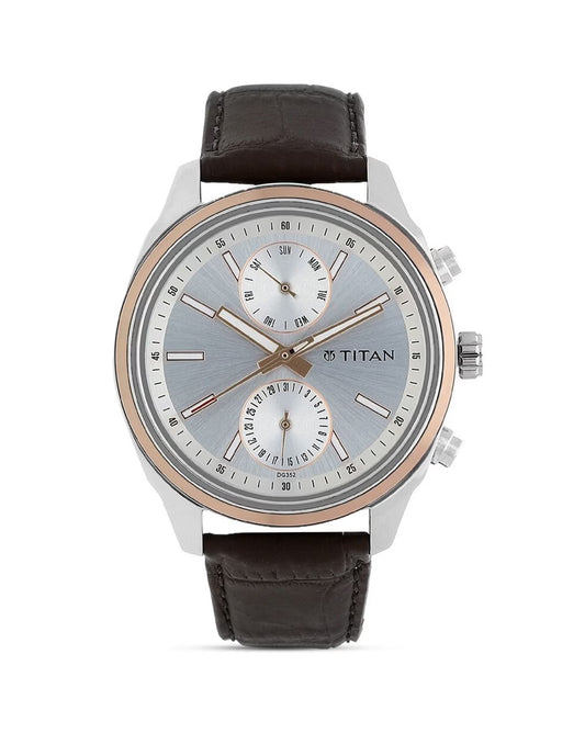 Titan 1733KL02 Men’s Silver Dial Multifunction Leather Strap Watch