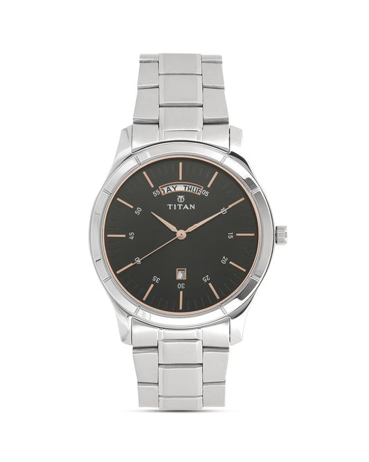 Titan 1767SM02 Men’s Black Dial Analog Watch with Silver Stainless Steel Strap