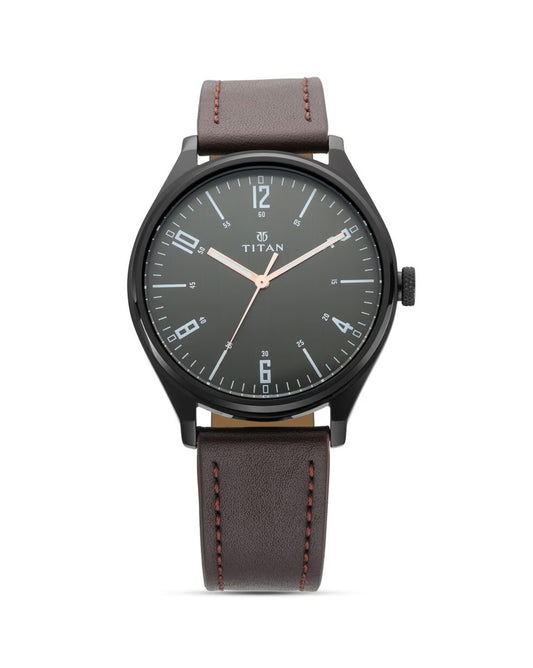 Titan NS1802NL01 Men’s Quartz Analog Watch with Black Dial & Brown Leather Strap