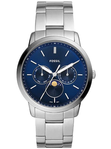 Fossil FS5907I Men's Quartz Moonphase Multifunction Watch Blue Dial Silver Stainless Steel Strap