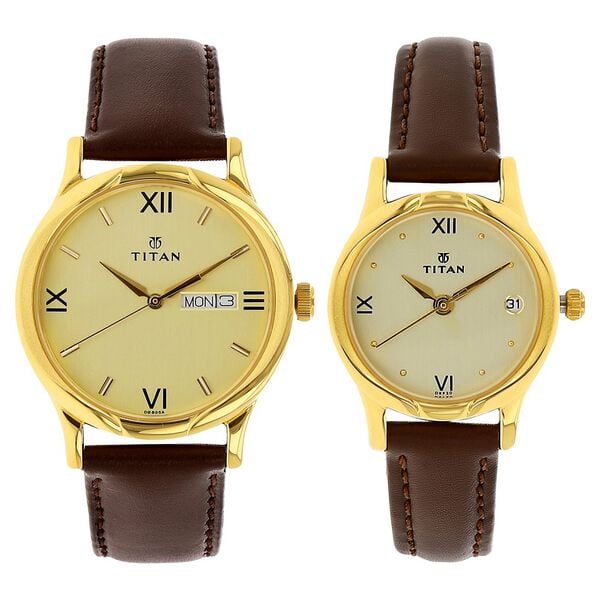 Titan 15802490YL05 Unisex Couple’s Champagne Dial Quartz Analog Round Brown Leather Strap Watches