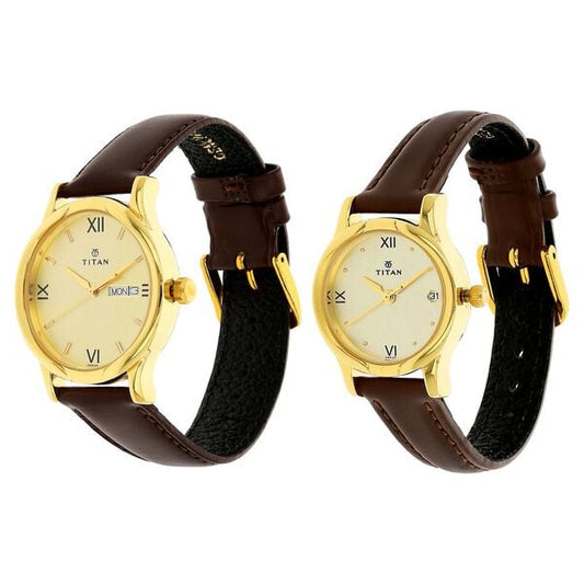 Titan 15802490YL05 Unisex Couple’s Champagne Dial Quartz Analog Round Brown Leather Strap Watches