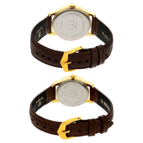 Titan 15802490YL05 Unisex Couple’s Champagne Dial Quartz Analog Round Brown Leather Strap Watches