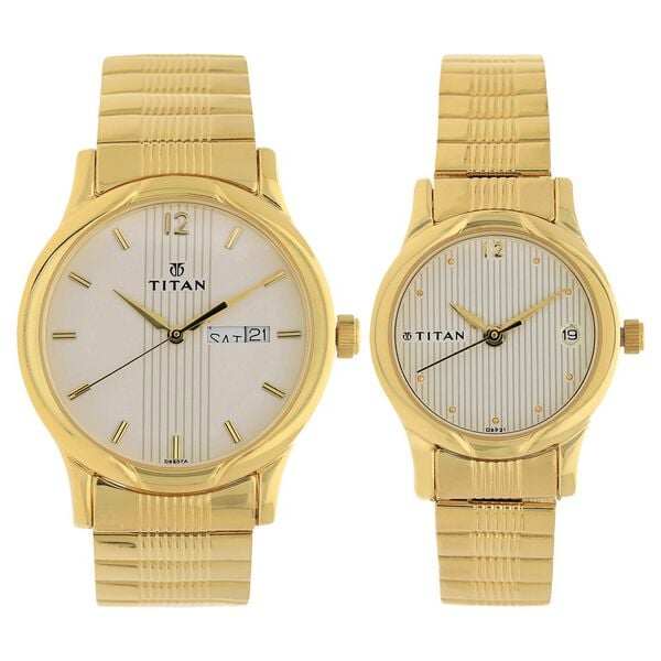 Titan 15802490YM04 White Dial Gold Metal Strap Couple Analog Watch Set