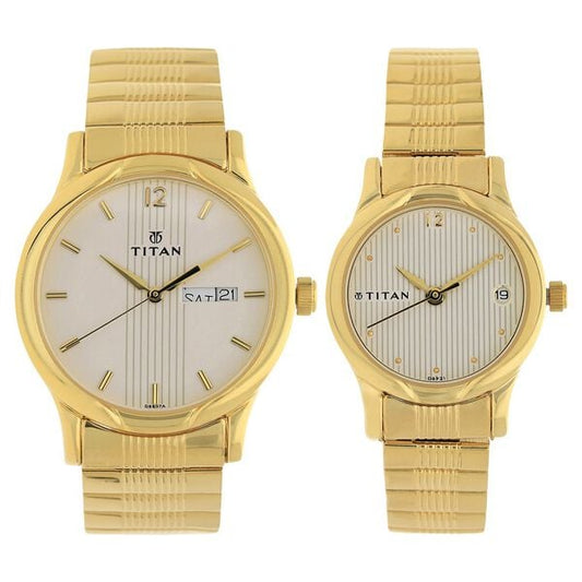 Titan 15802490YM04 White Dial Gold Metal Strap Couple Analog Watch Set