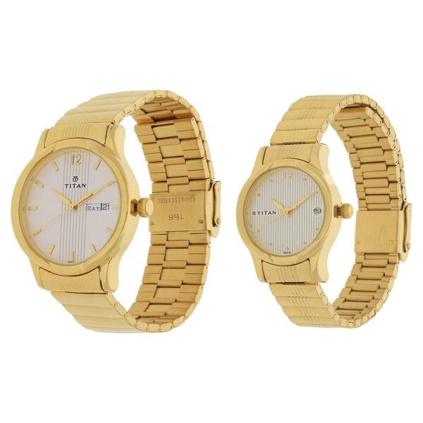 Titan 15802490YM04 White Dial Gold Metal Strap Couple Analog Watch Set