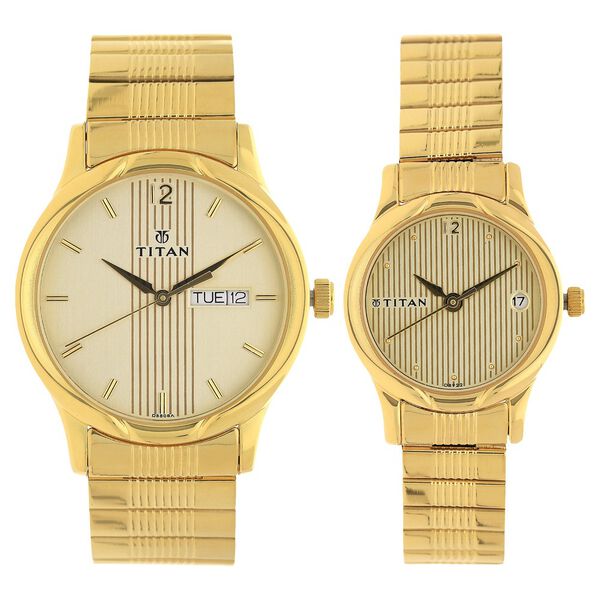Titan 15802490YM05 Unisex Couple’s Champagne/Beige Dial Quartz Analog Round Stainless Steel Watches