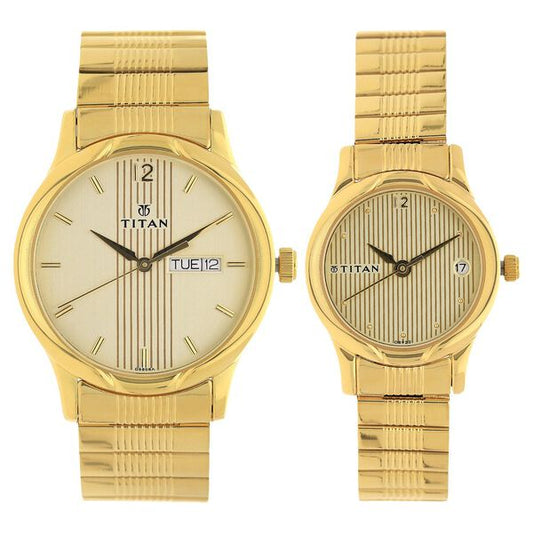Titan 15802490YM05 Unisex Couple’s Champagne/Beige Dial Quartz Analog Round Stainless Steel Watches