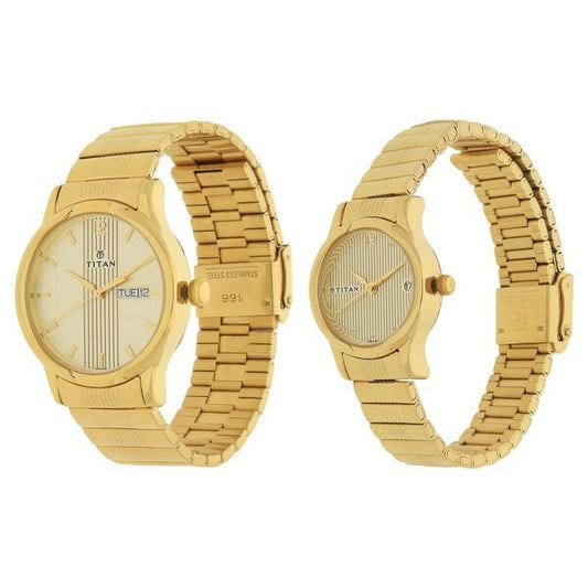 Titan 15802490YM05 Unisex Couple’s Champagne/Beige Dial Quartz Analog Round Stainless Steel Watches