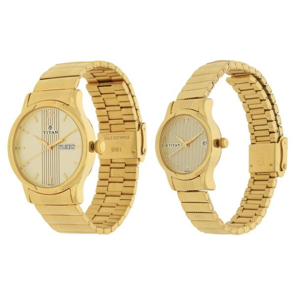 Titan 15802490YM05 Unisex Couple’s Champagne/Beige Dial Quartz Analog Round Stainless Steel Watches