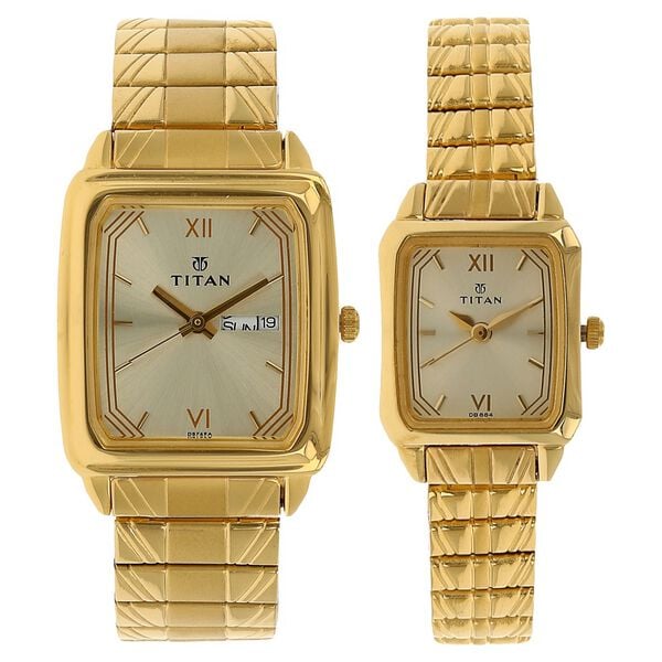 Titan NN15812488YM05 Couple’s Rectangle Champagne-Dial Analog Watch with Gold Metal Strap