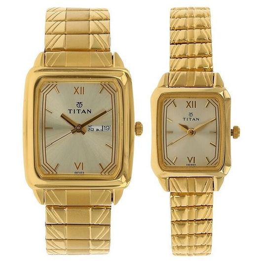 Titan NN15812488YM05 Couple’s Rectangle Champagne-Dial Analog Watch with Gold Metal Strap