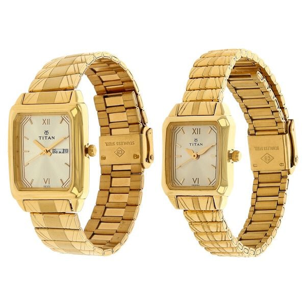 Titan NN15812488YM05 Couple’s Rectangle Champagne-Dial Analog Watch with Gold Metal Strap