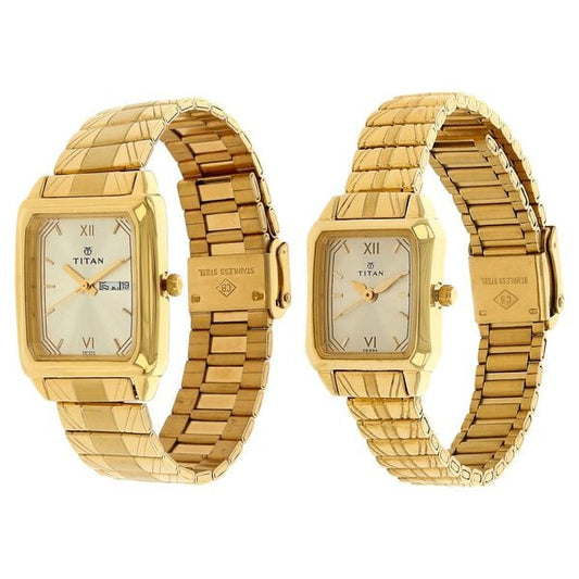 Titan NN15812488YM05 Couple’s Rectangle Champagne-Dial Analog Watch with Gold Metal Strap