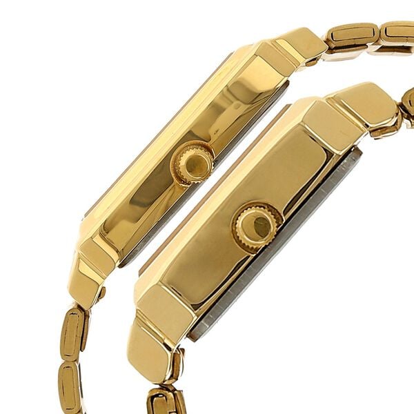 Titan NN15812488YM05 Couple’s Rectangle Champagne-Dial Analog Watch with Gold Metal Strap