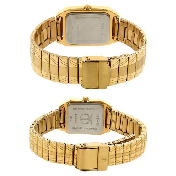 Titan NN15812488YM05 Couple’s Rectangle Champagne-Dial Analog Watch with Gold Metal Strap