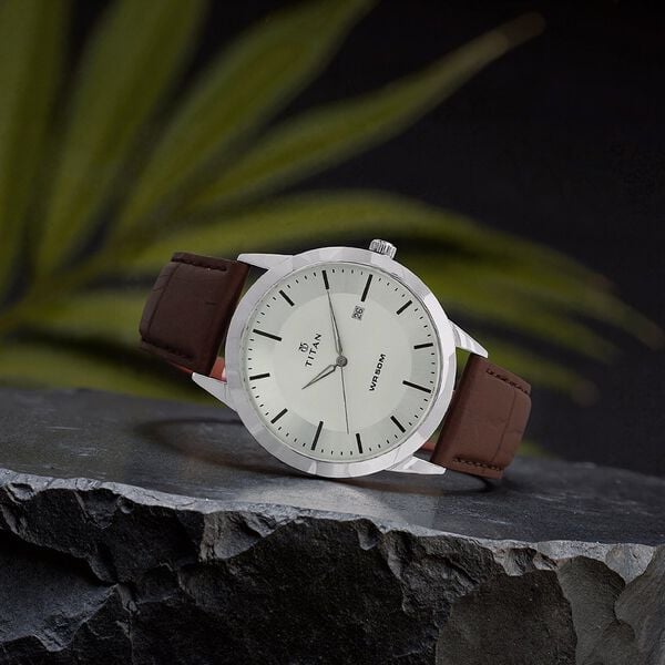 Titan 1584SL03 Men Silver Dial Leather Strap Quartz Date Watch