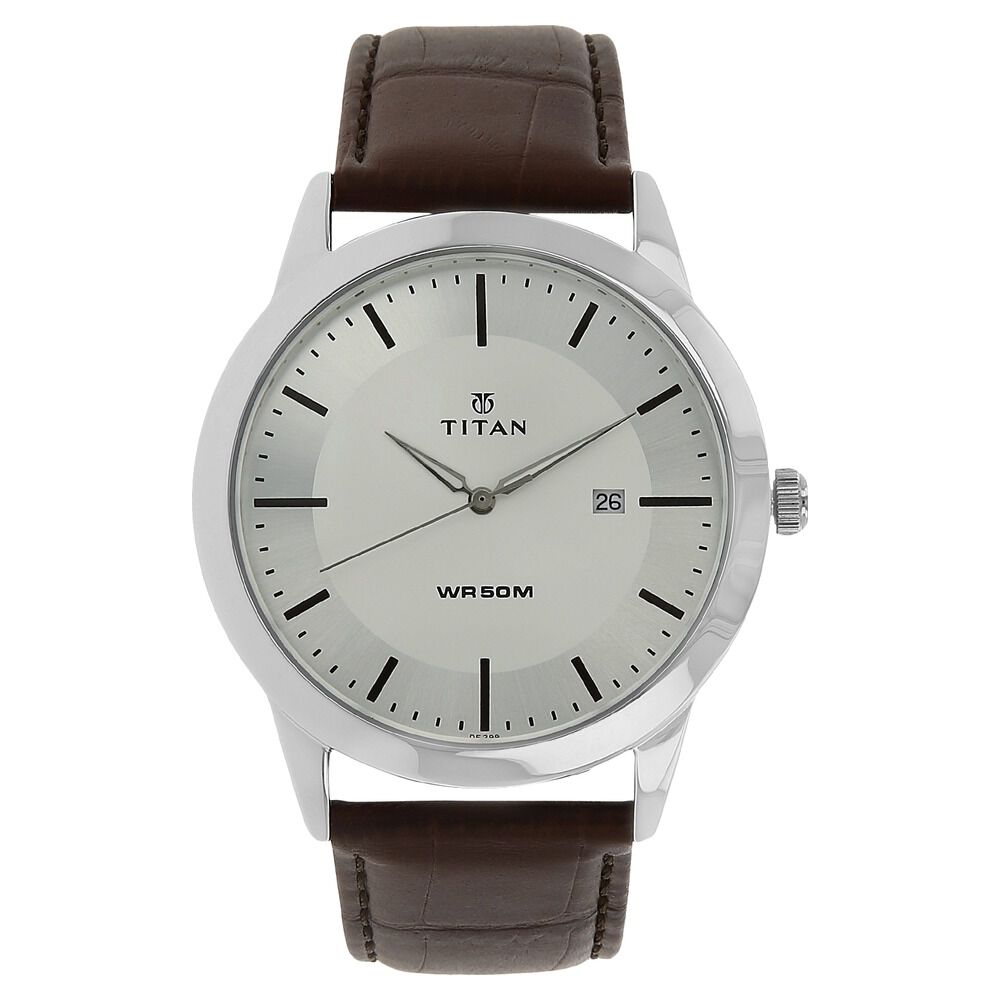 Titan 1584SL03 Men Silver Dial Leather Strap Quartz Date Watch