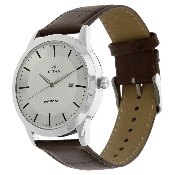 Titan 1584SL03 Men Silver Dial Leather Strap Quartz Date Watch